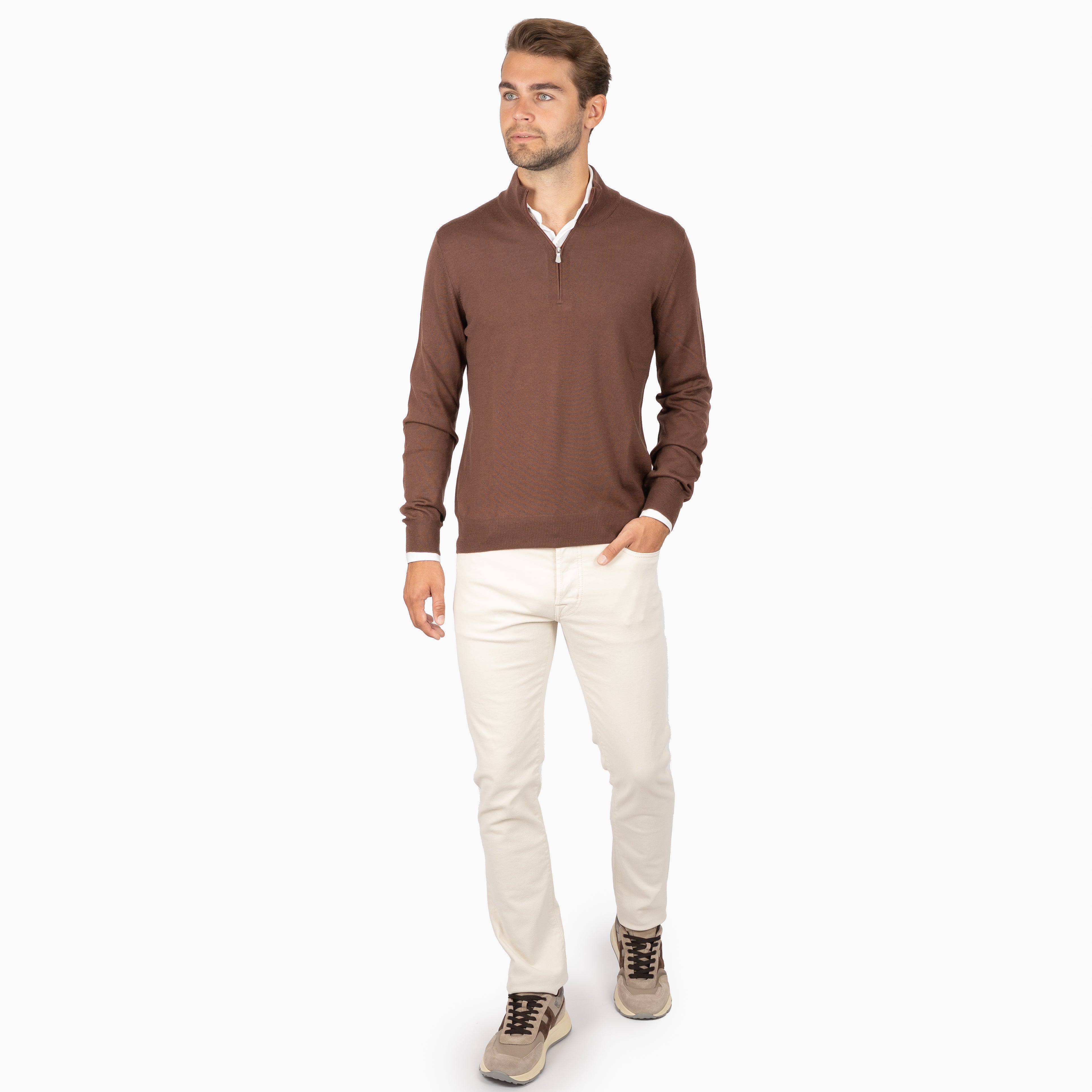 Gran Sasso Gebreide Trui met Rits Camel | Extrafine Merino