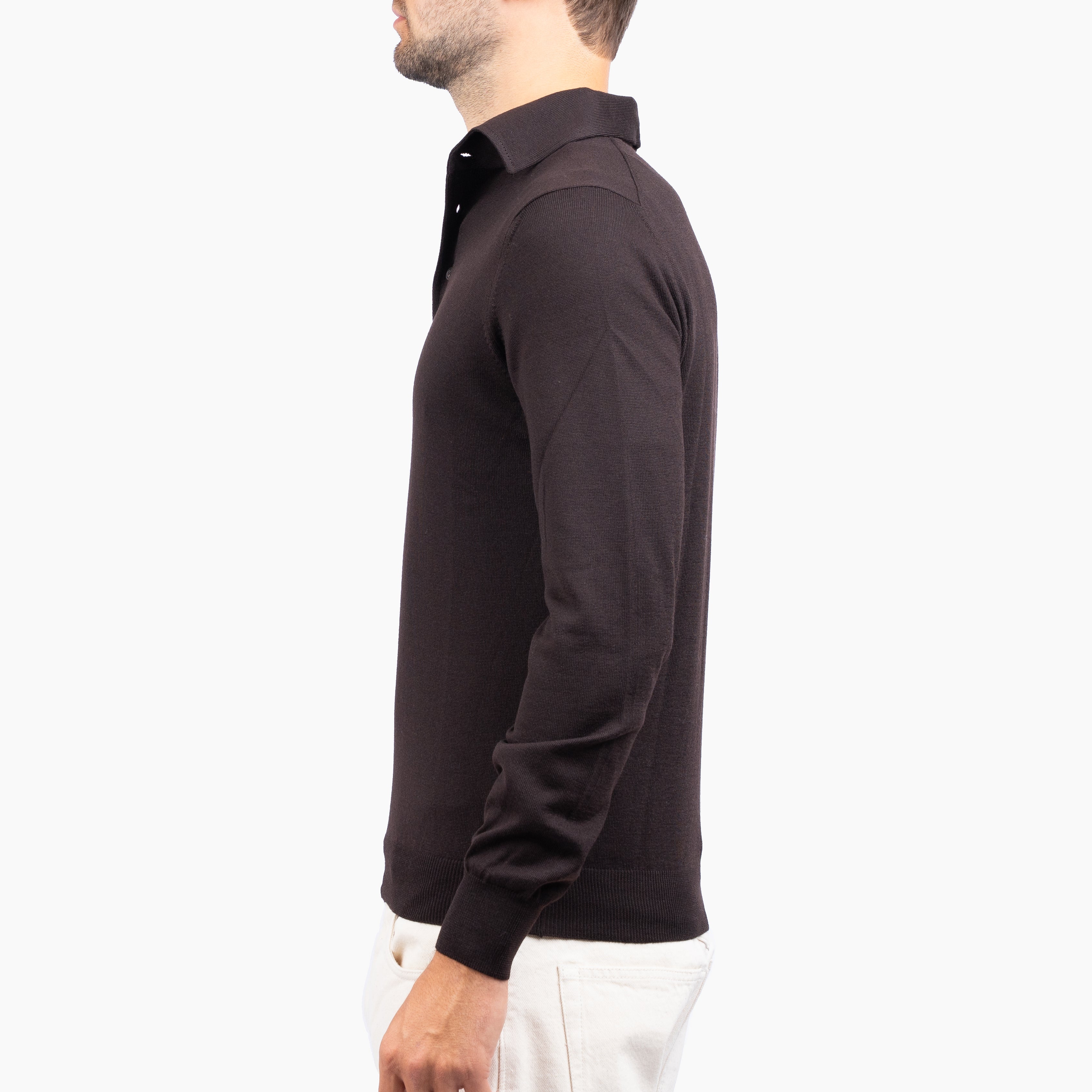 Gran Sasso Gebreide Polo Lange Mouw Bruin | Extrafine Merino