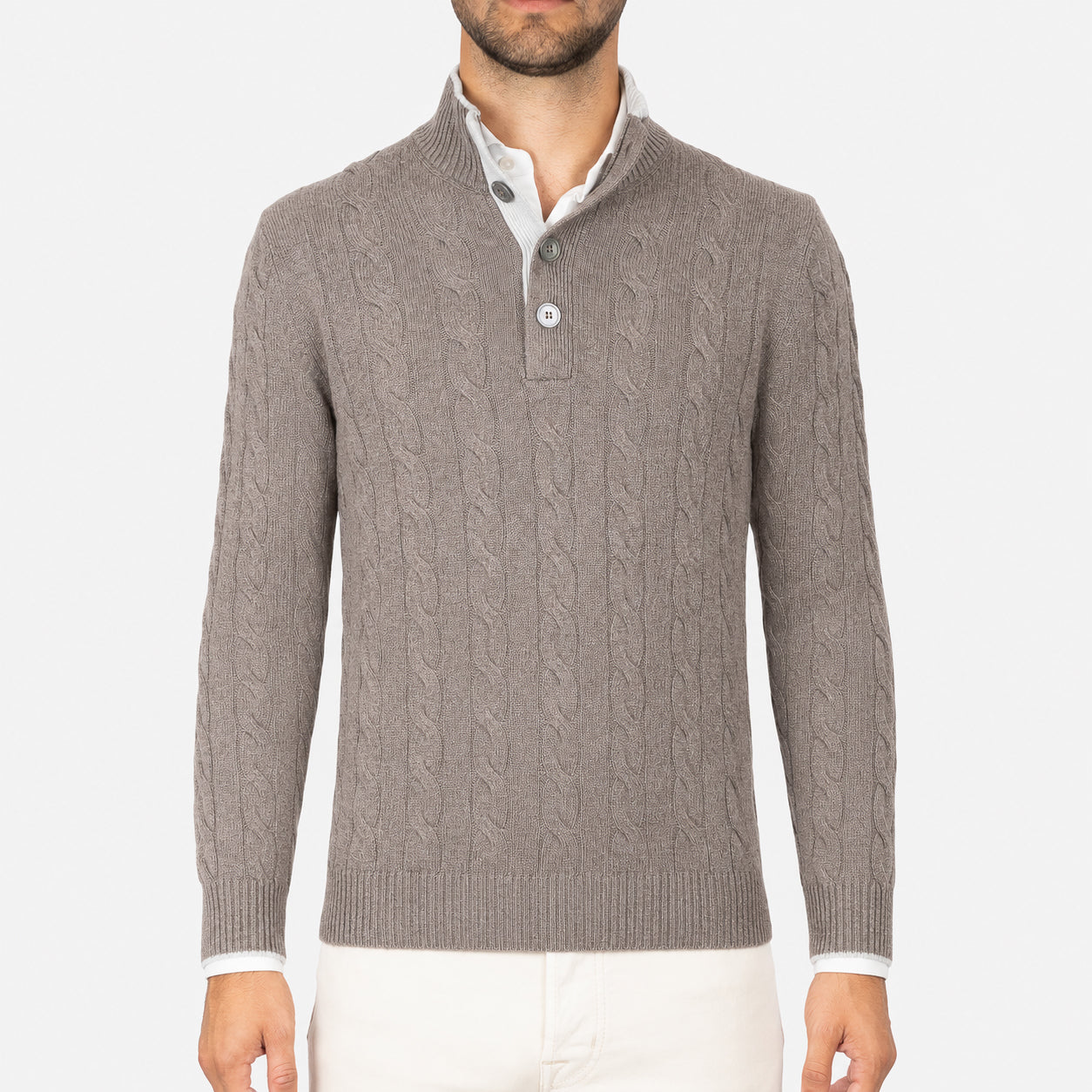 Gran Sasso Gebreide Kabeltrui met Knopenlijst Taupe | Cashmere Lana