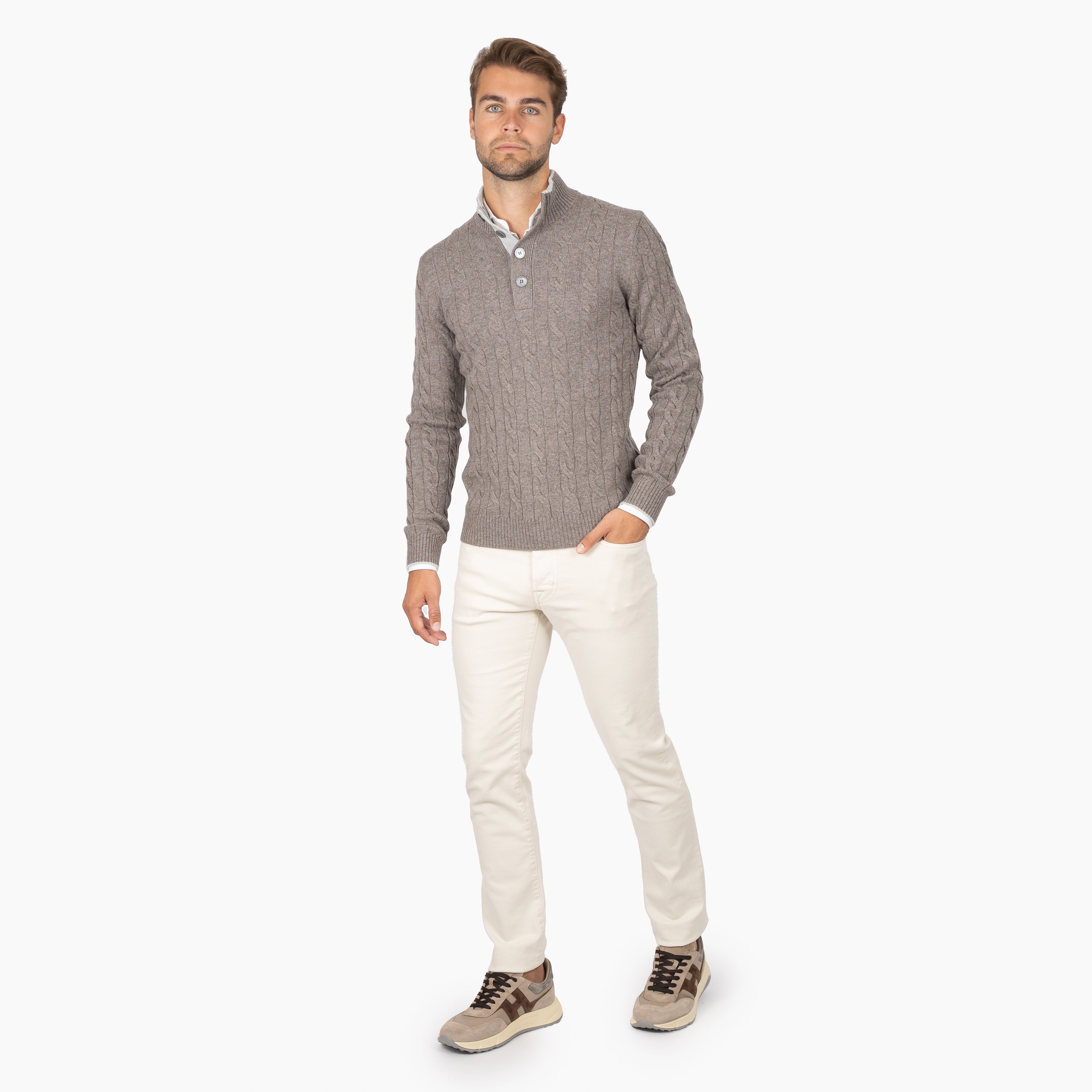 Gran Sasso Gebreide Kabeltrui met Knopenlijst Taupe | Cashmere Lana