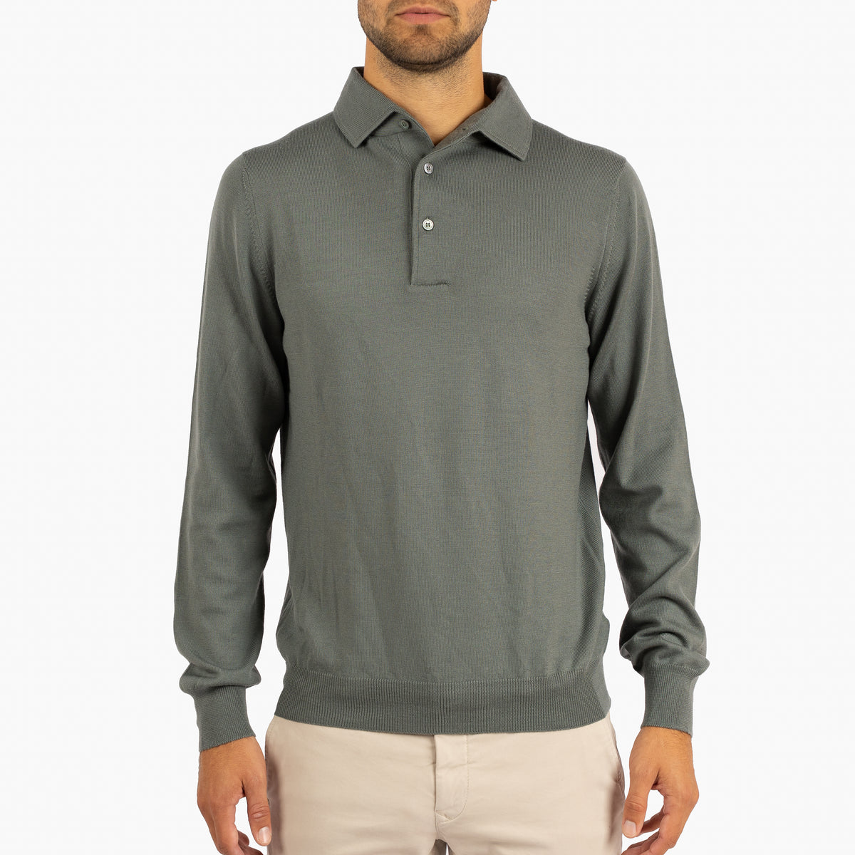 Gran Sasso Gebreide Polo Lange Mouw Zeegroen | Extrafine Merino