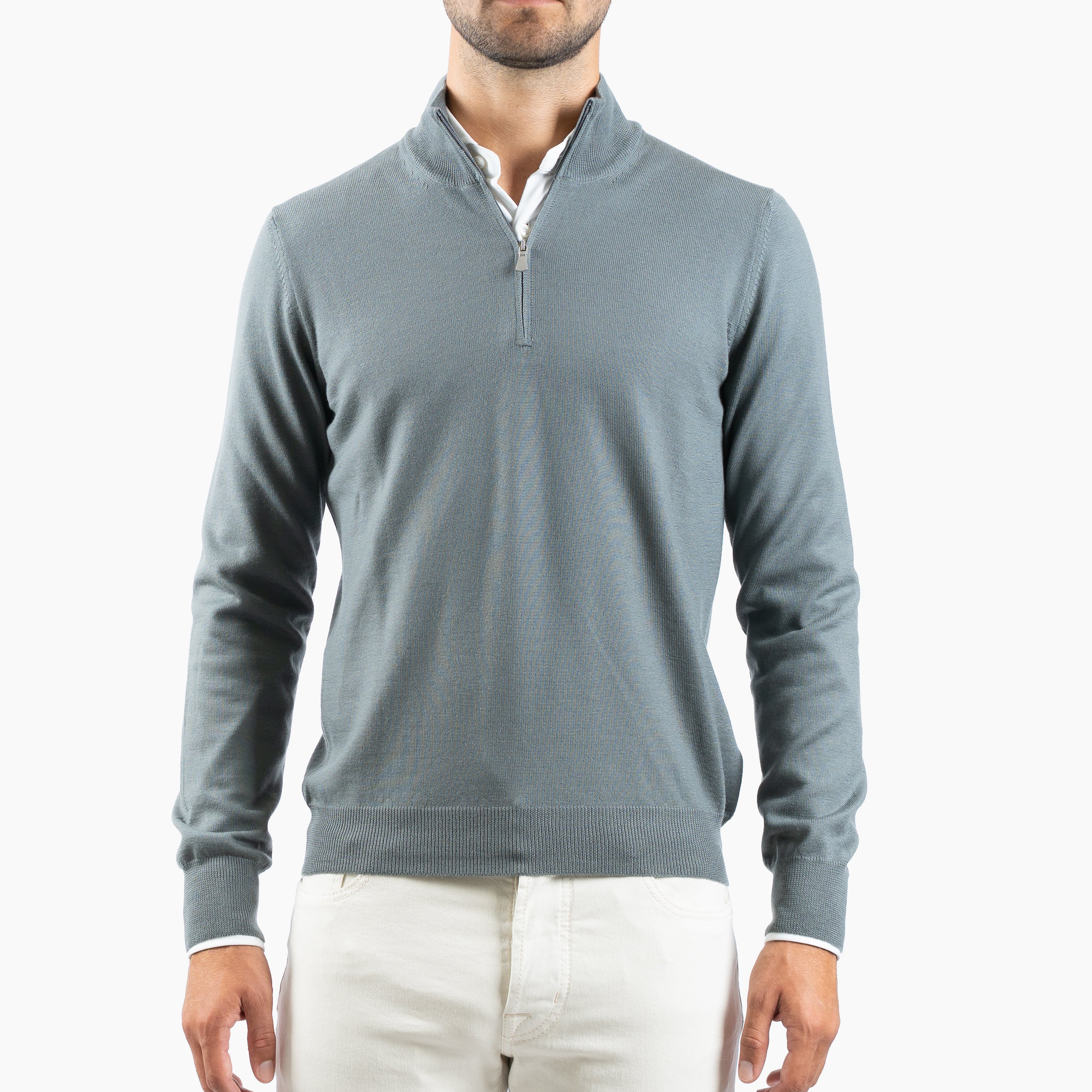 Gran Sasso Gebreide Trui met Rits Middengroen | Extrafine Merino