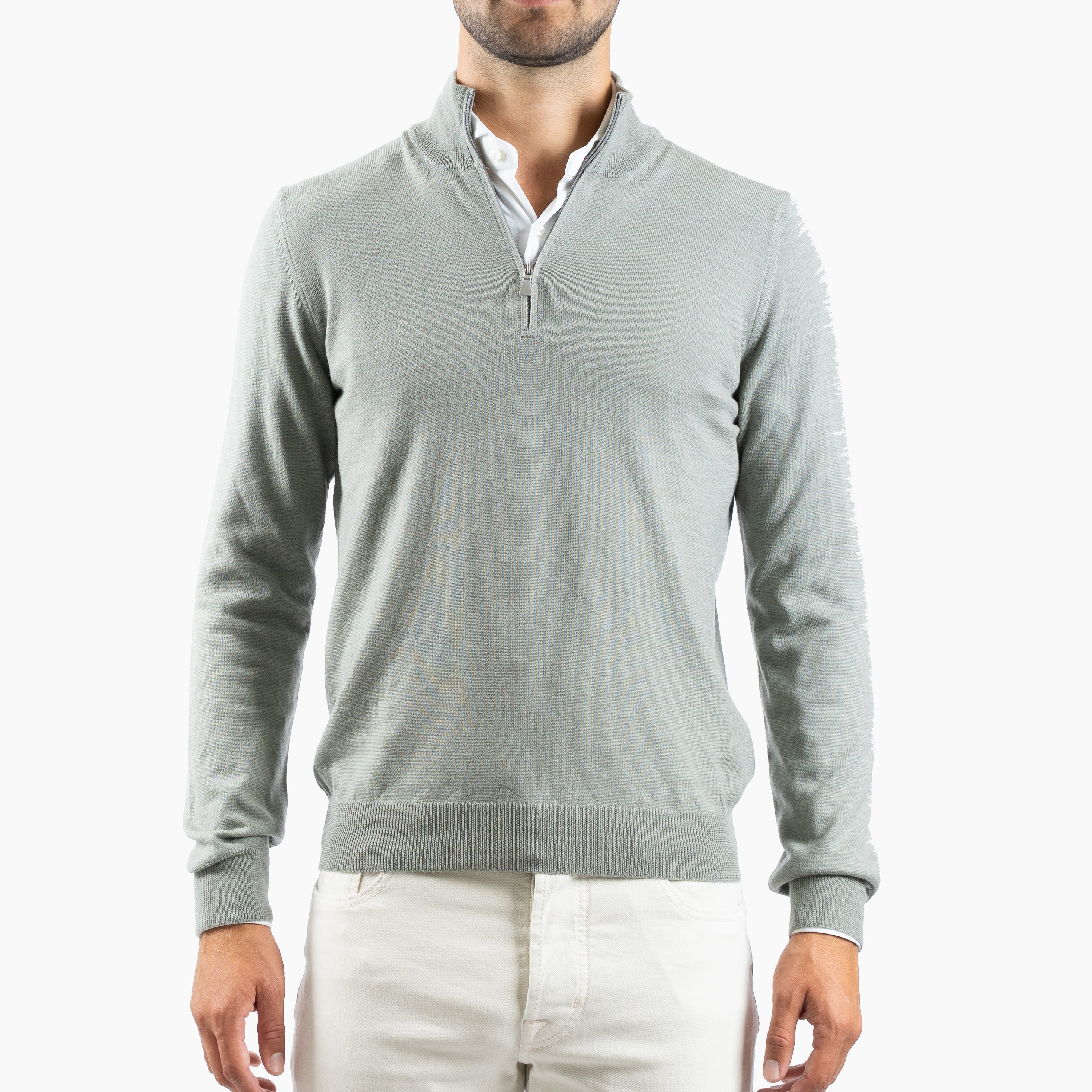 Gran Sasso Gebreide Trui met Rits Sage Groen | Extrafine Merino
