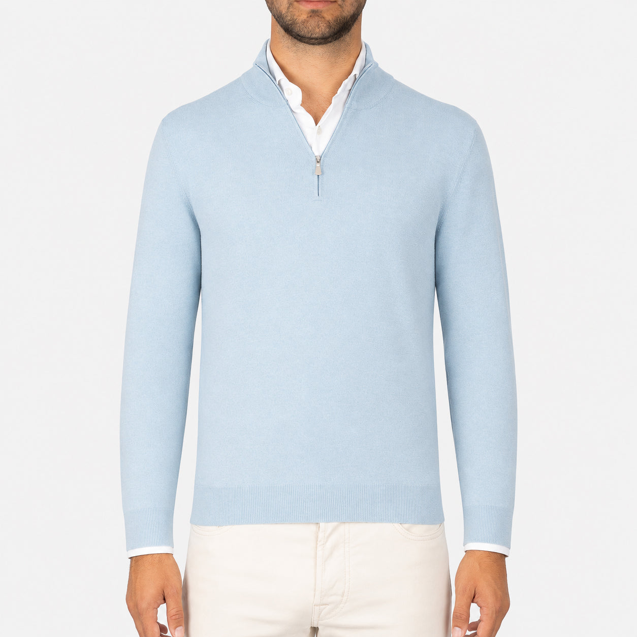 Gran Sasso Gebreide Trui met Rits Lichtblauw | Extrafine Merino