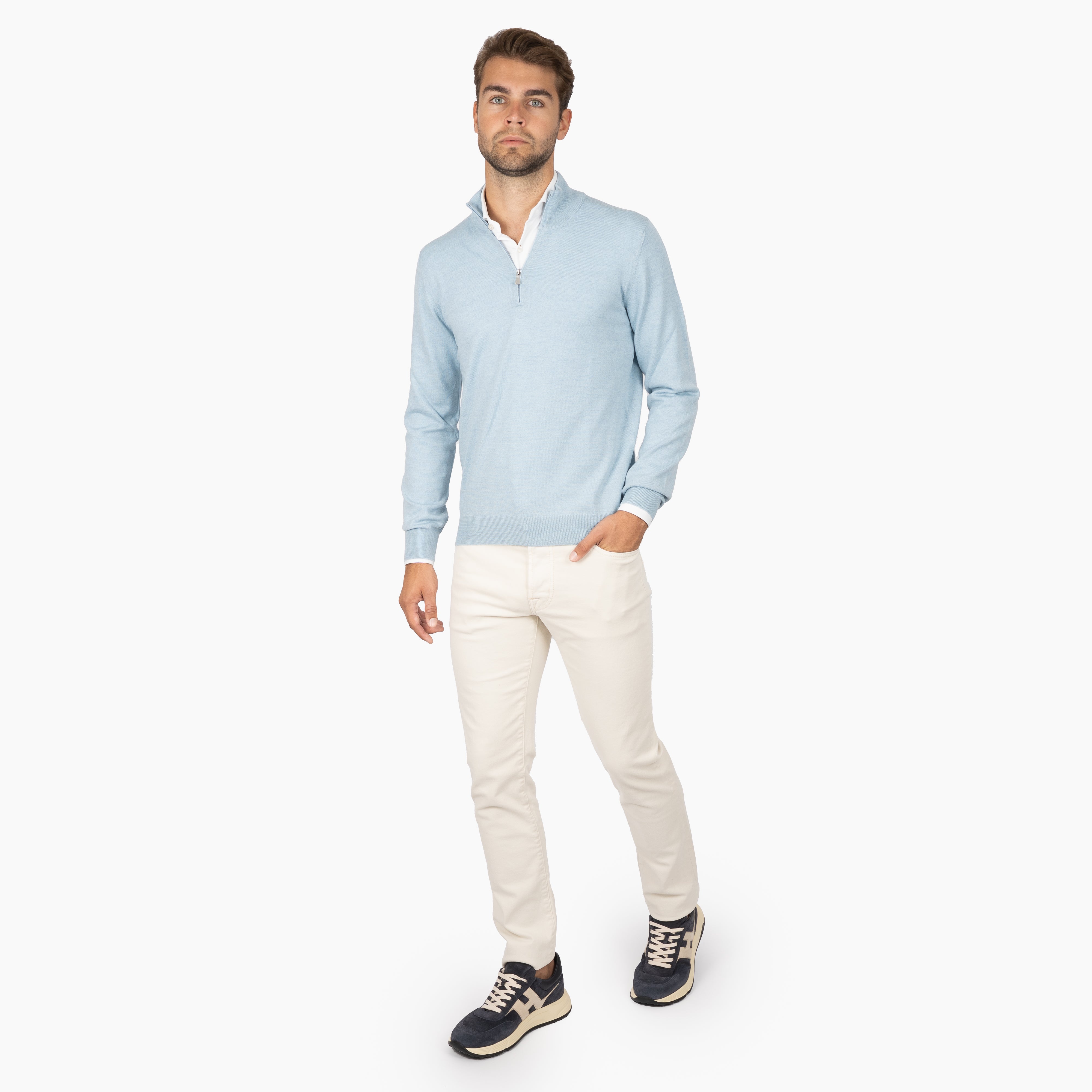 Gran Sasso Gebreide Trui met Rits Lichtblauw | Extrafine Merino