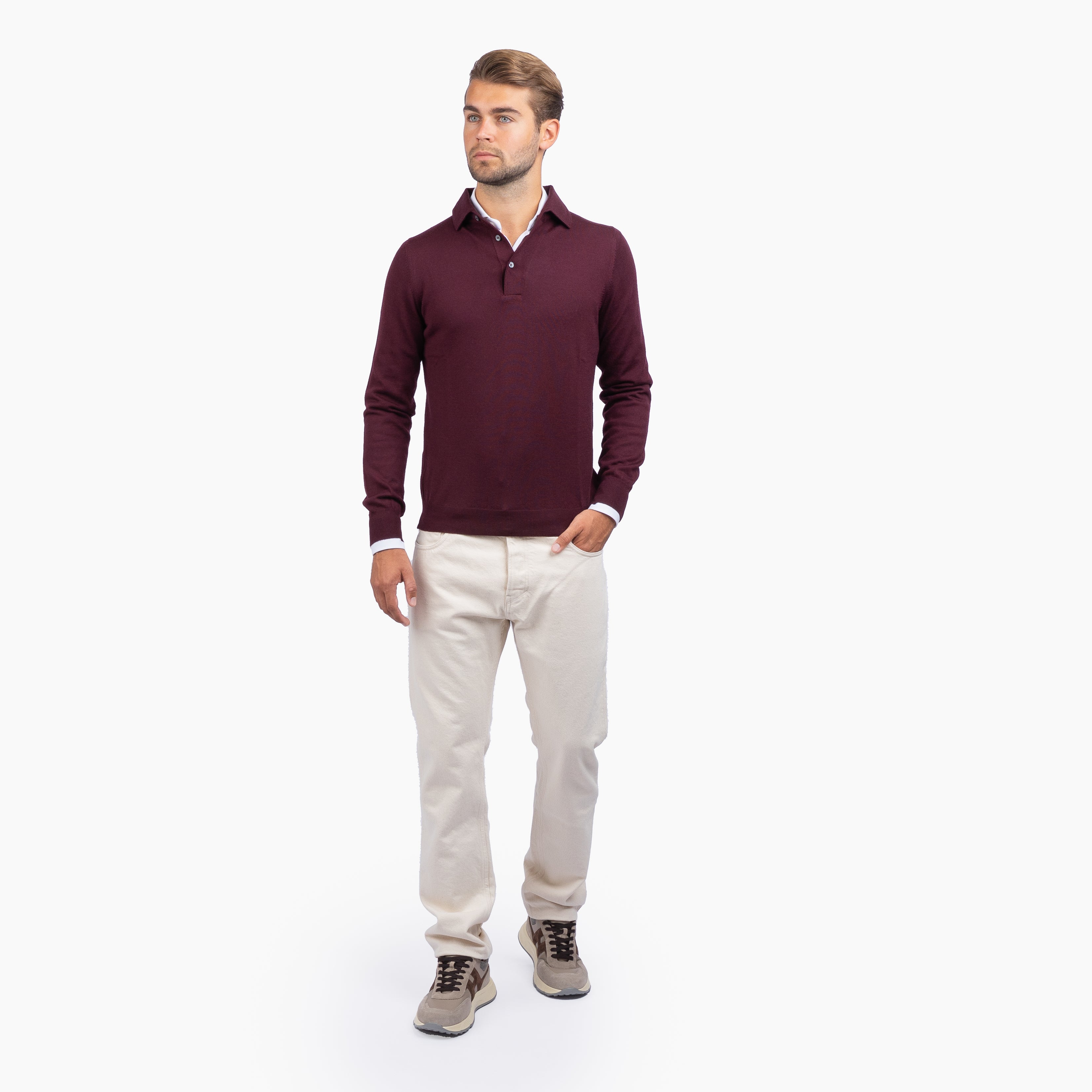 Gran Sasso Gebreide Polo Lange Mouw Bordeaux Rood | Extrafine Merino