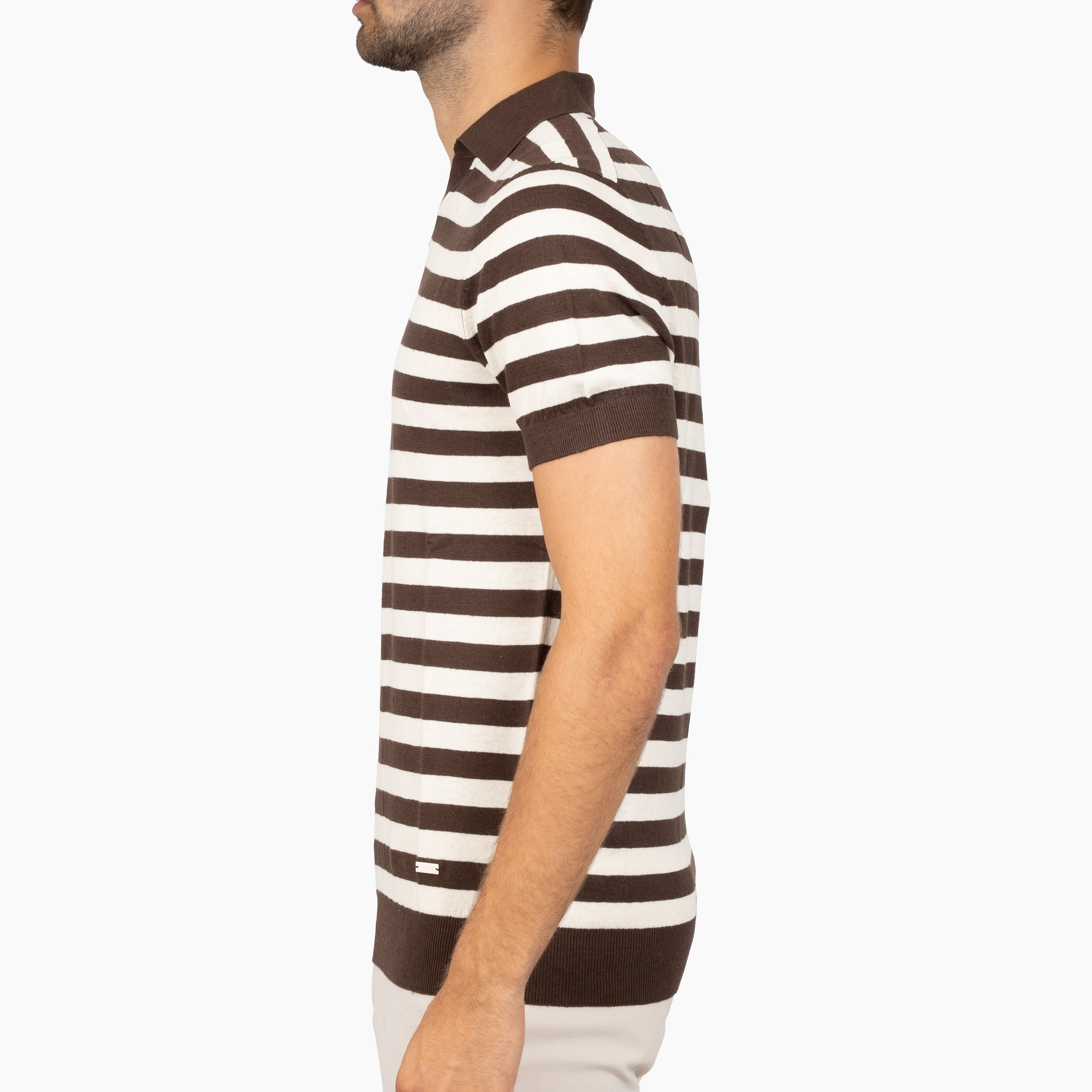 SEVEN DIALS Gebreide Buttonless Polo Bruin Gestreept | Carver