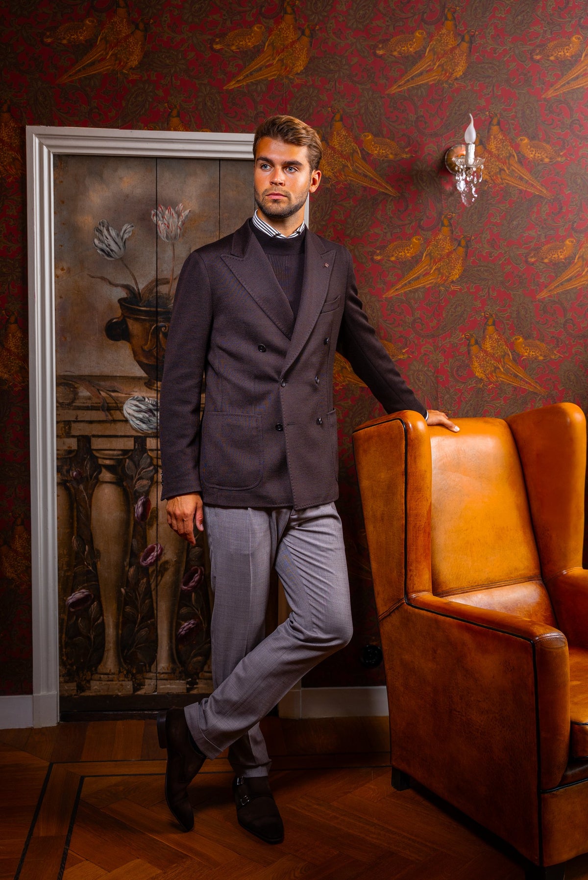 Look HW26/27 – Donkerbruin double-breasted knit colbert met zwarte trui | Gentlemen Mode