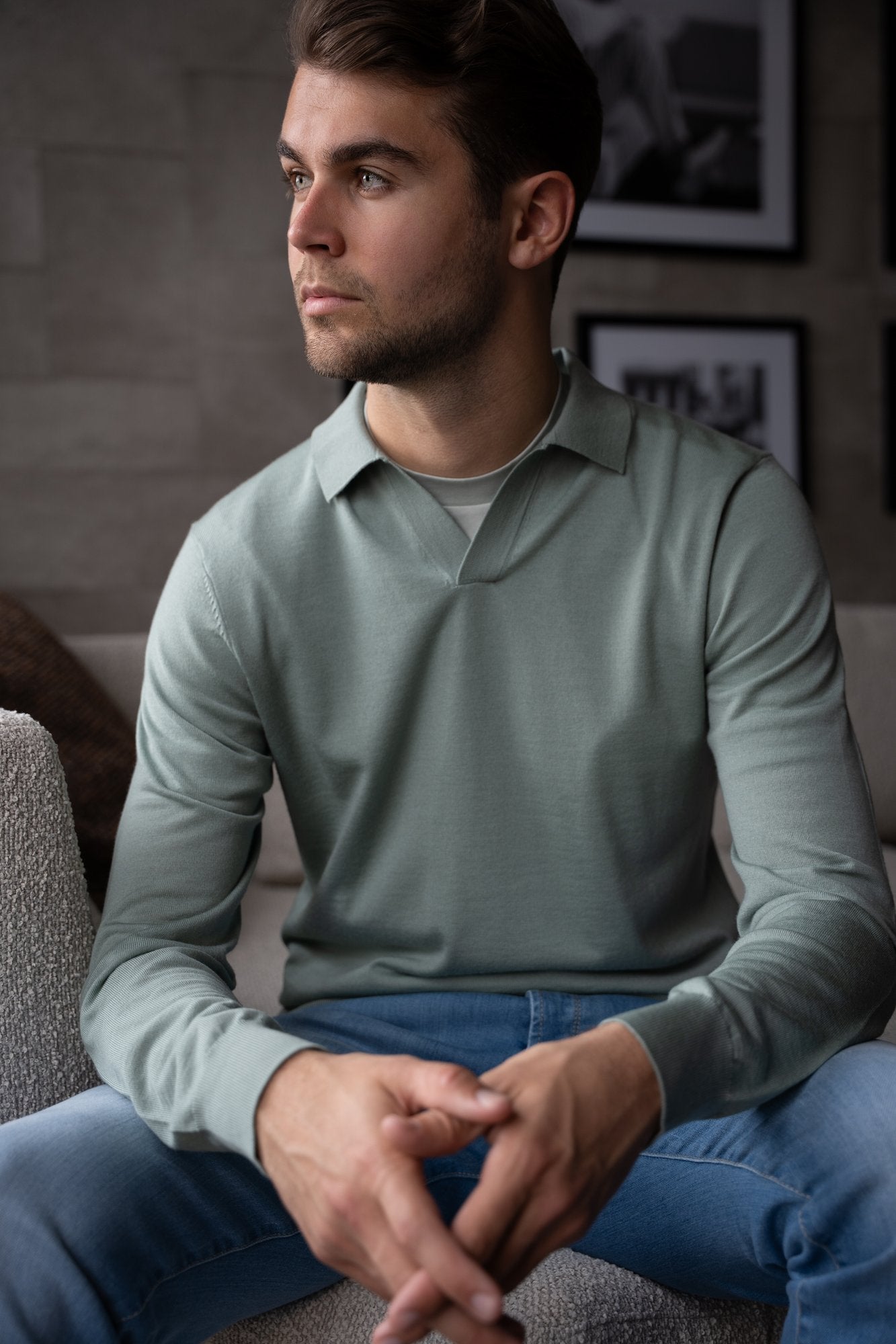 Zachtgroene Seven Dials gebreide buttonless polo lange mouw