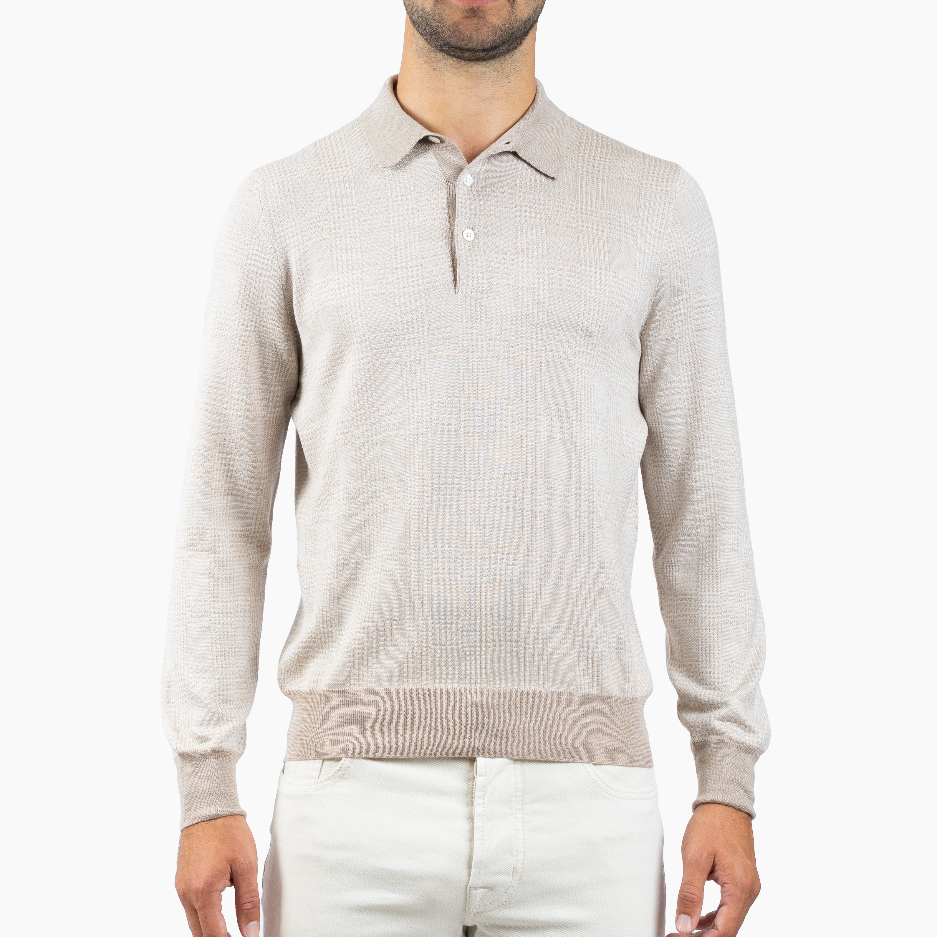 Gran Sasso Gebreide Polo Lange Mouw Beige Ruit | Wool & Silk