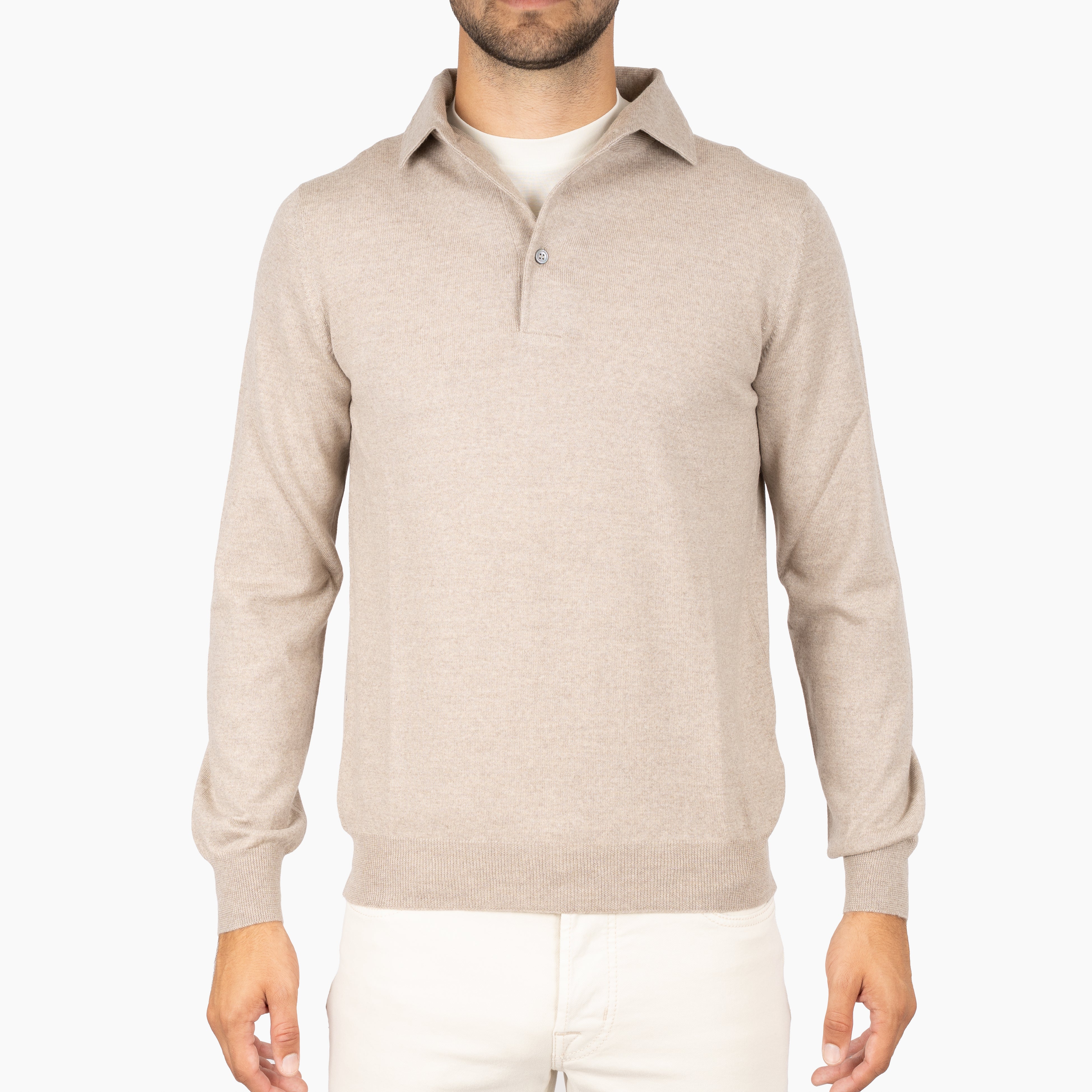 Gran Sasso Gebreide Polo Lange Mouw Beige | Extrafine Merino