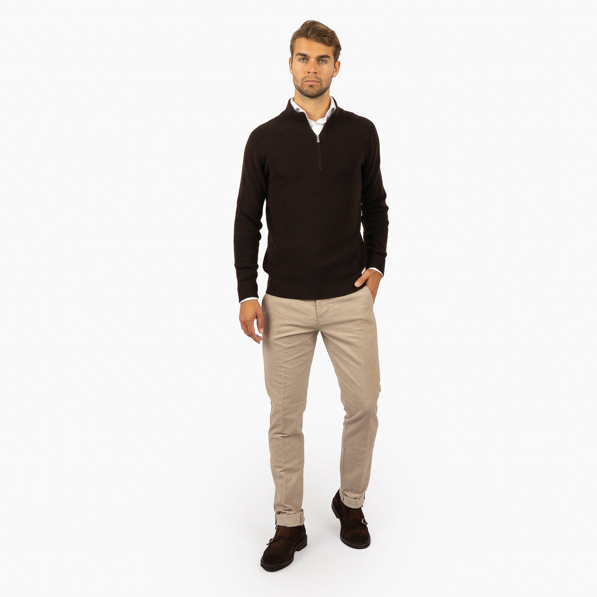 Gran Sasso Gebreide Trui met Rits Bruin | Rain Wool
