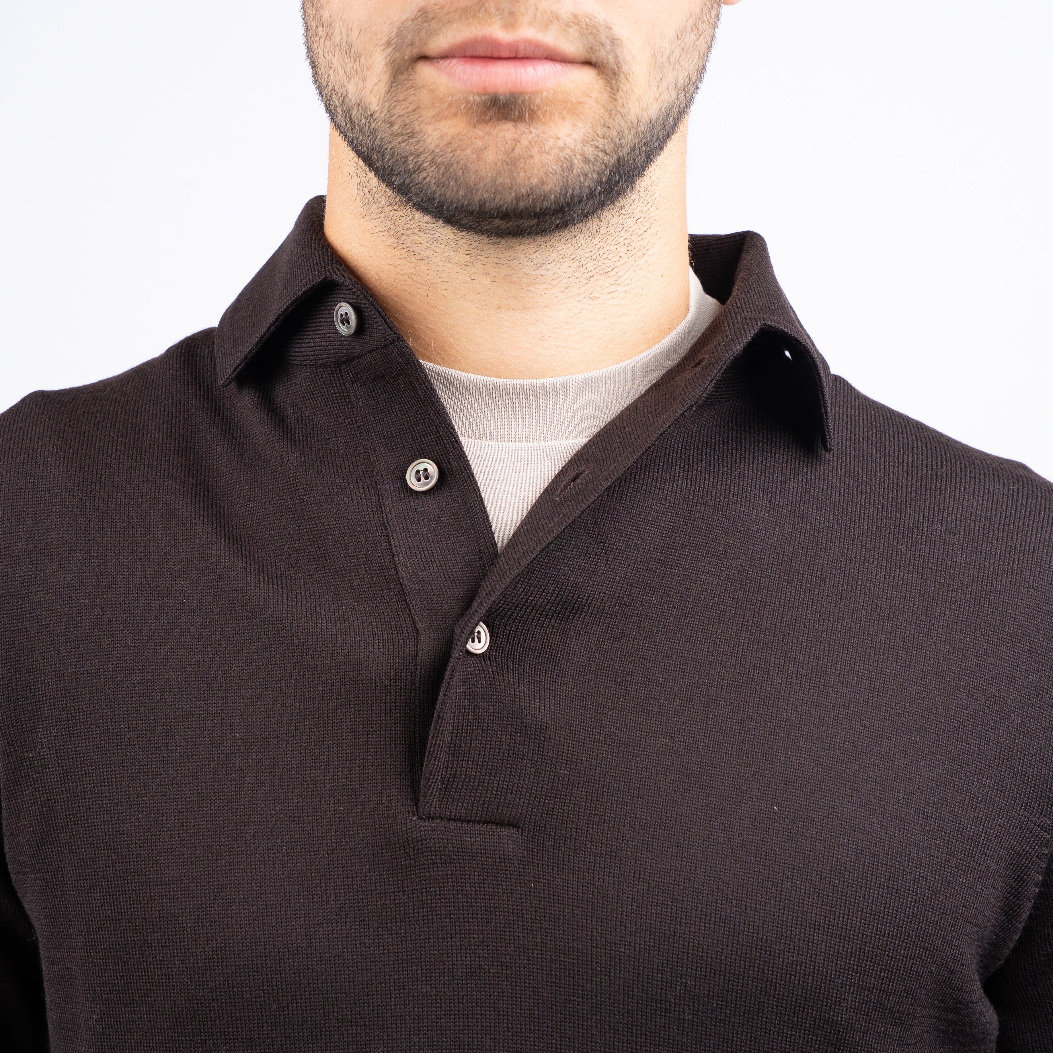Gran Sasso Gebreide Polo Lange Mouw Bruin | Extrafine Merino