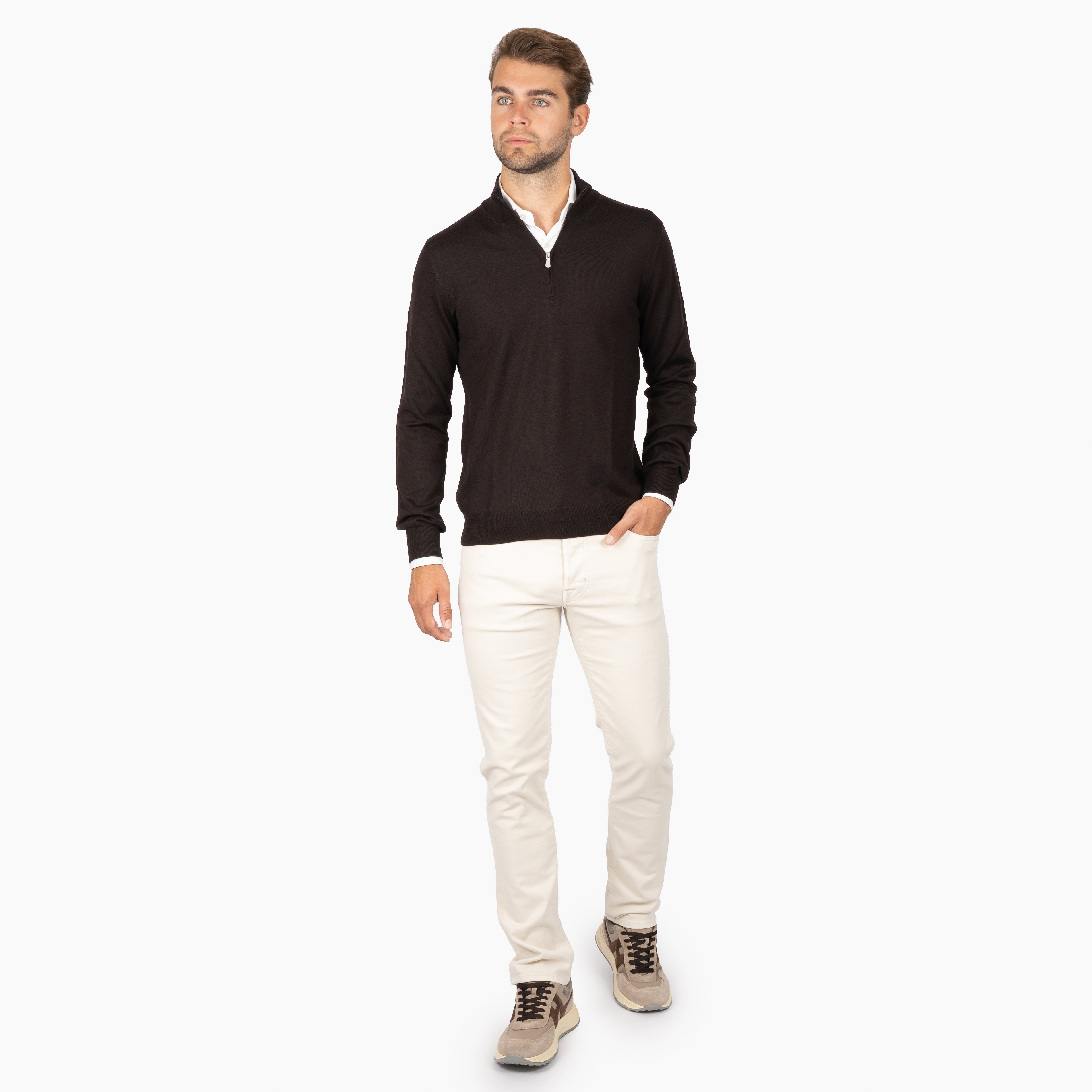 Gran Sasso Gebreide Trui met Rits Bruin | Extrafine Merino