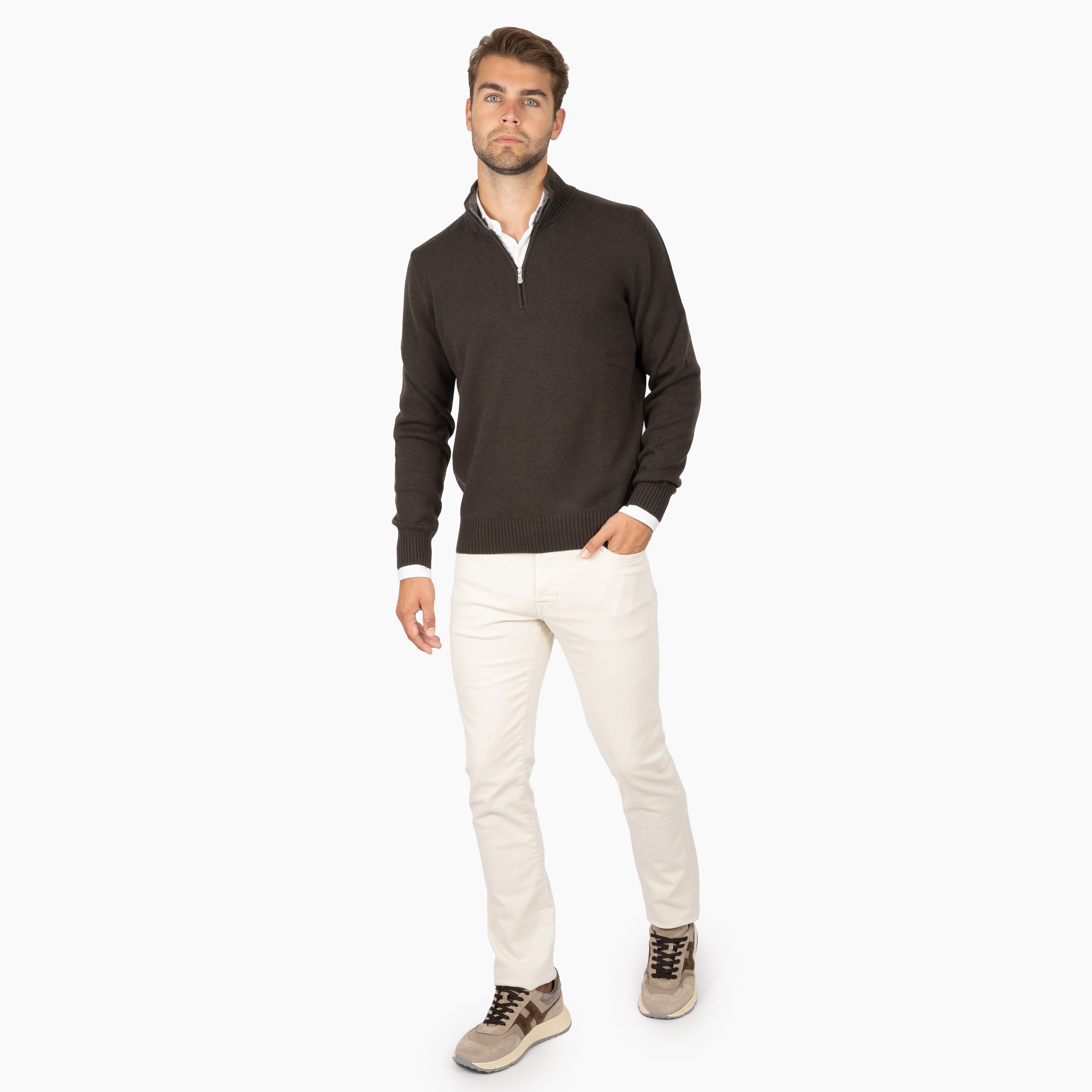 Gran Sasso Gebreide Trui met Rits Bruin | Cashmere Lana