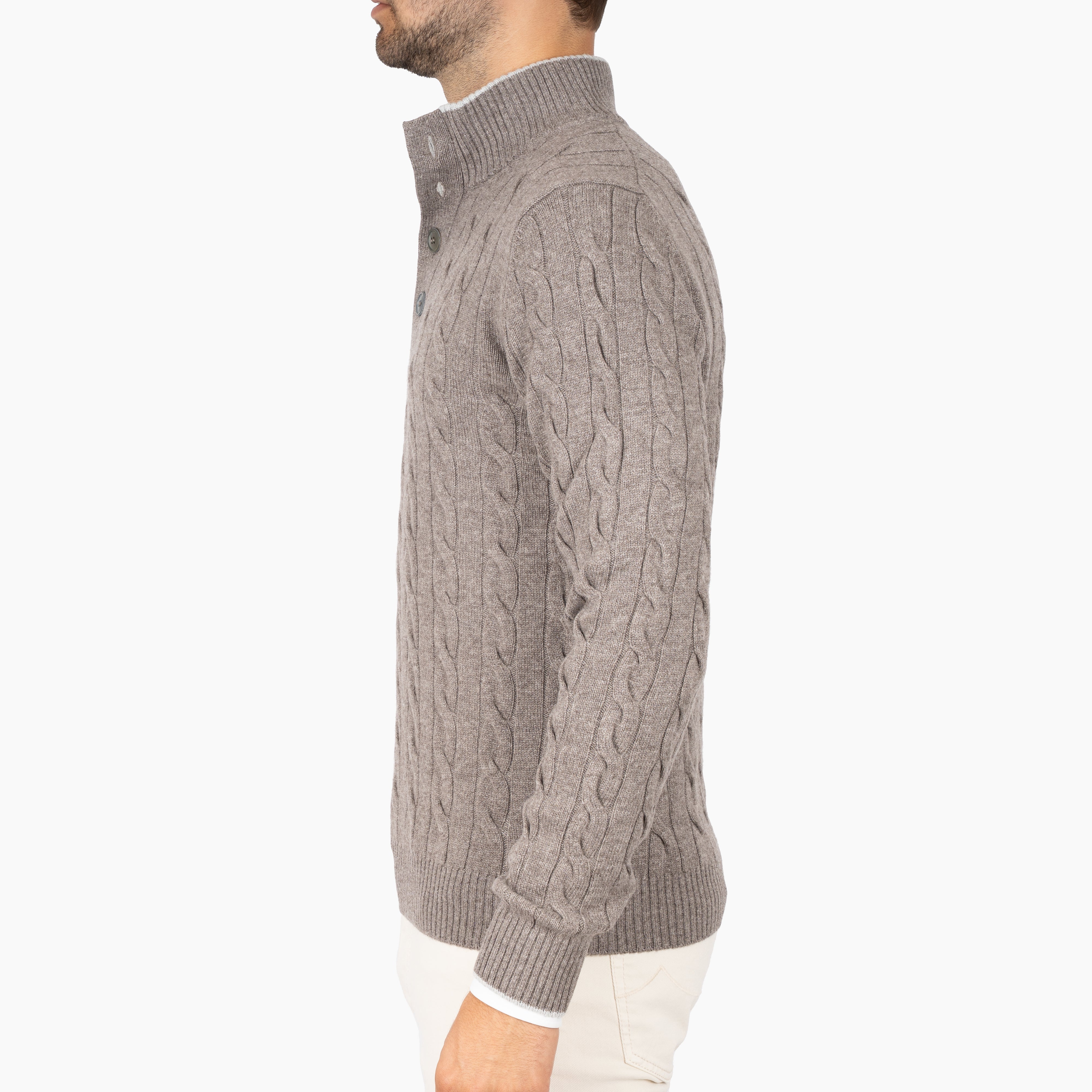 Gran Sasso Gebreide Kabeltrui met Knopenlijst Taupe | Cashmere Lana