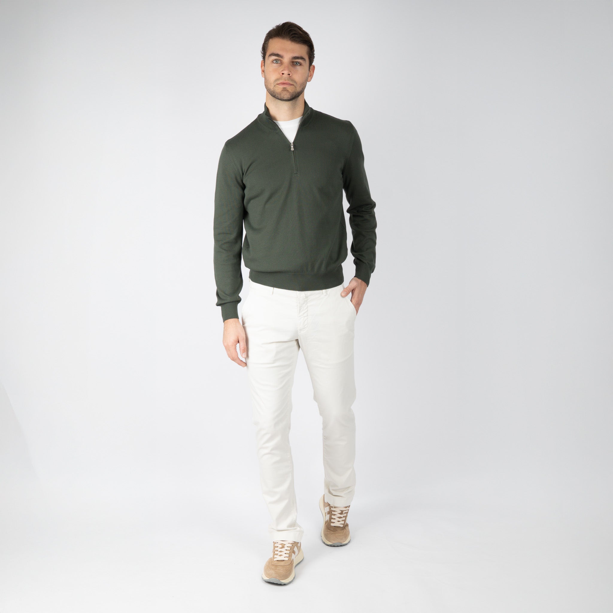 Gran Sasso Gebreide Trui met Rits Groen | Egyptian Cotton