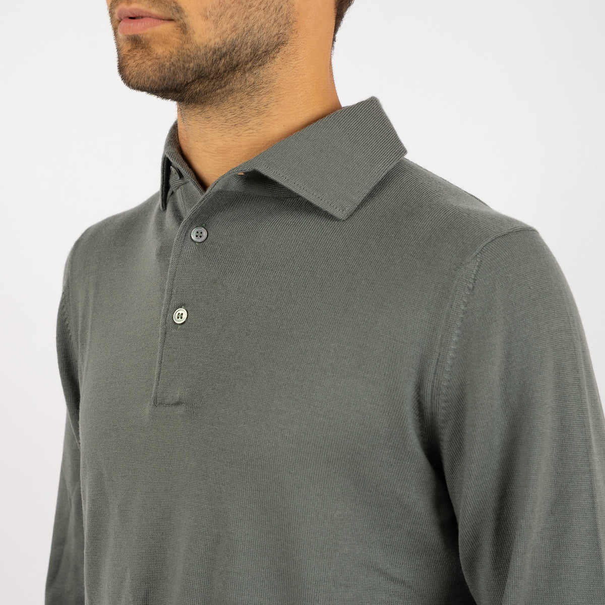 Gran Sasso Gebreide Polo Lange Mouw Zeegroen | Extrafine Merino