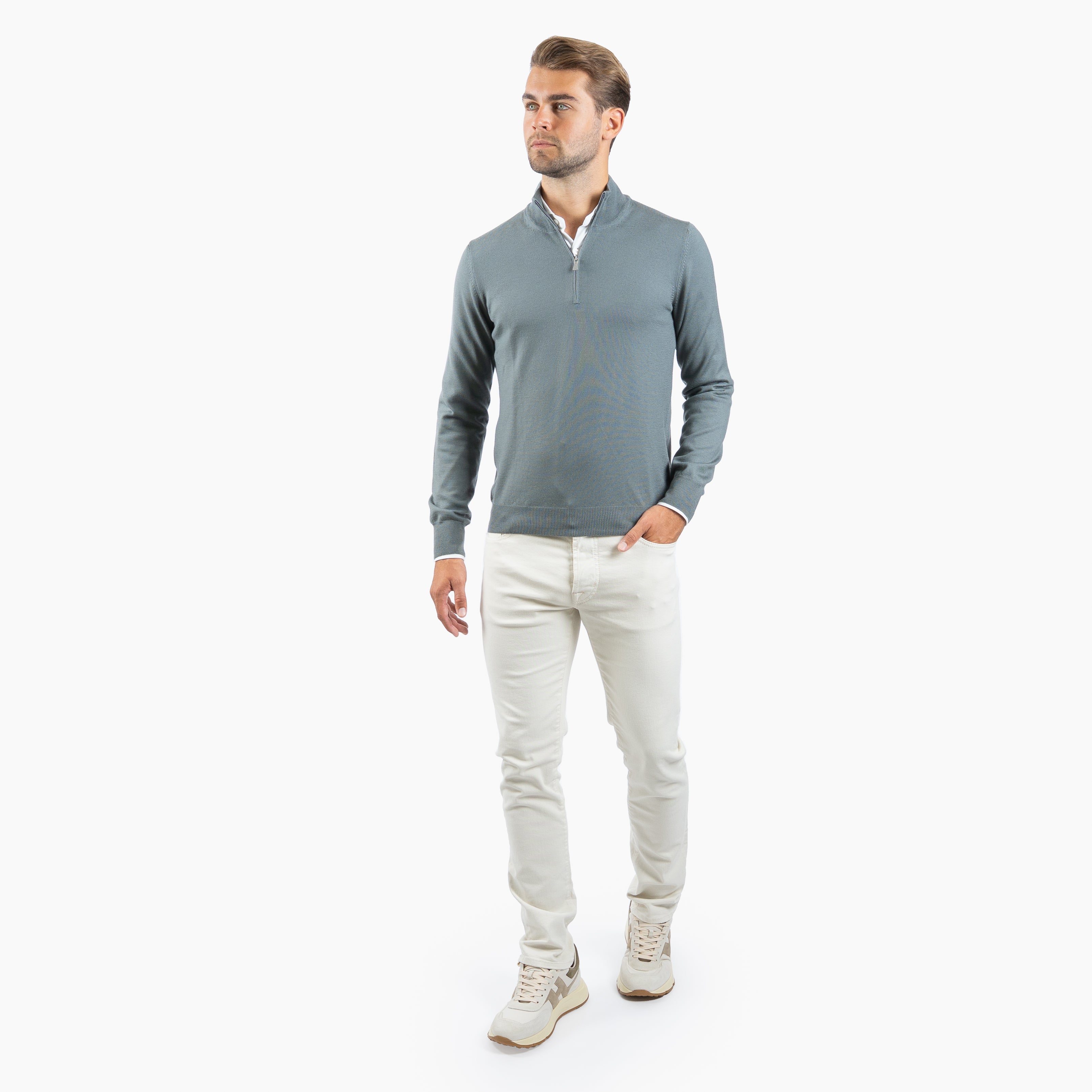 Gran Sasso Gebreide Trui met Rits Middengroen | Extrafine Merino