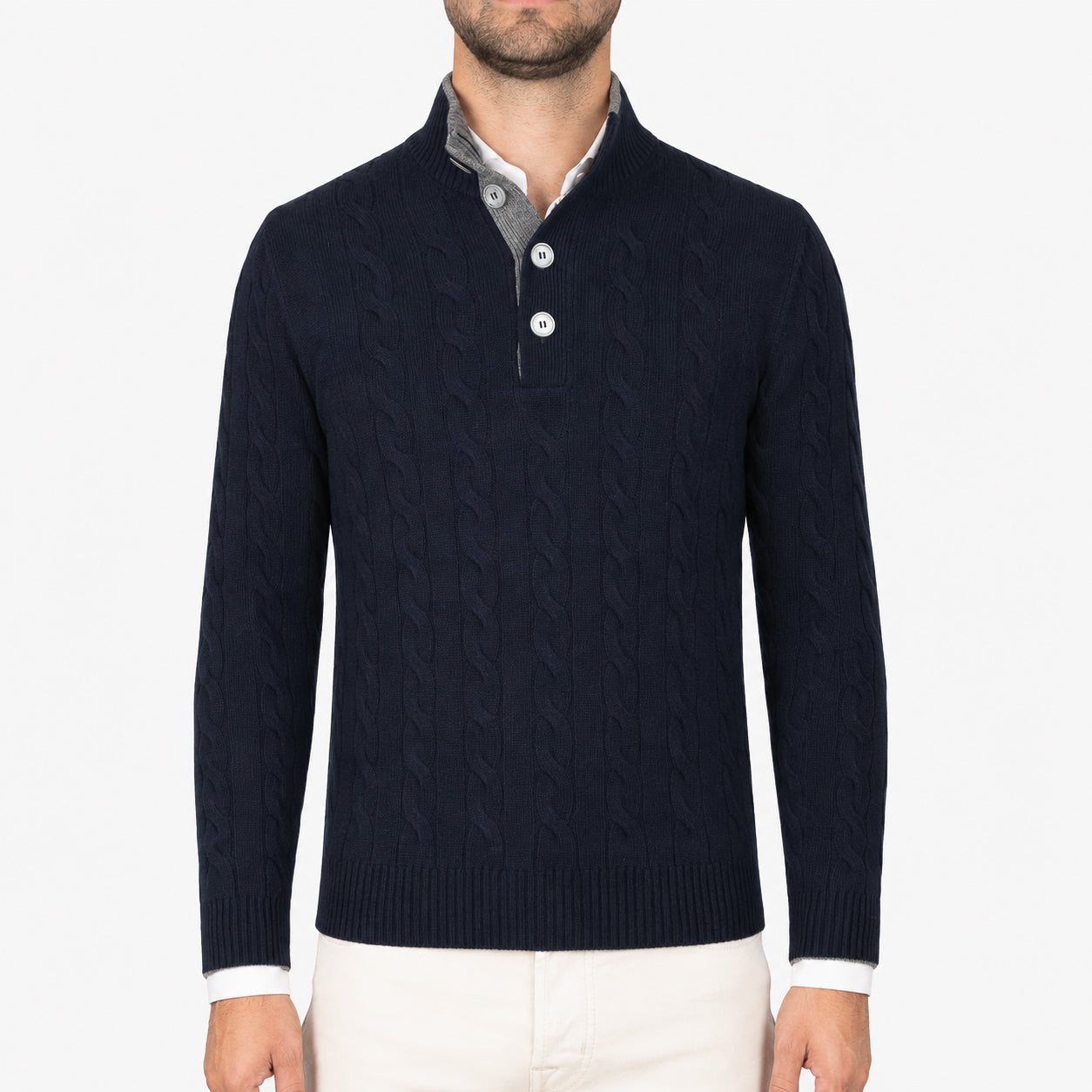 Gran Sasso Gebreide Kabeltrui met Knopenlijst Blauw | Cashmere Lana