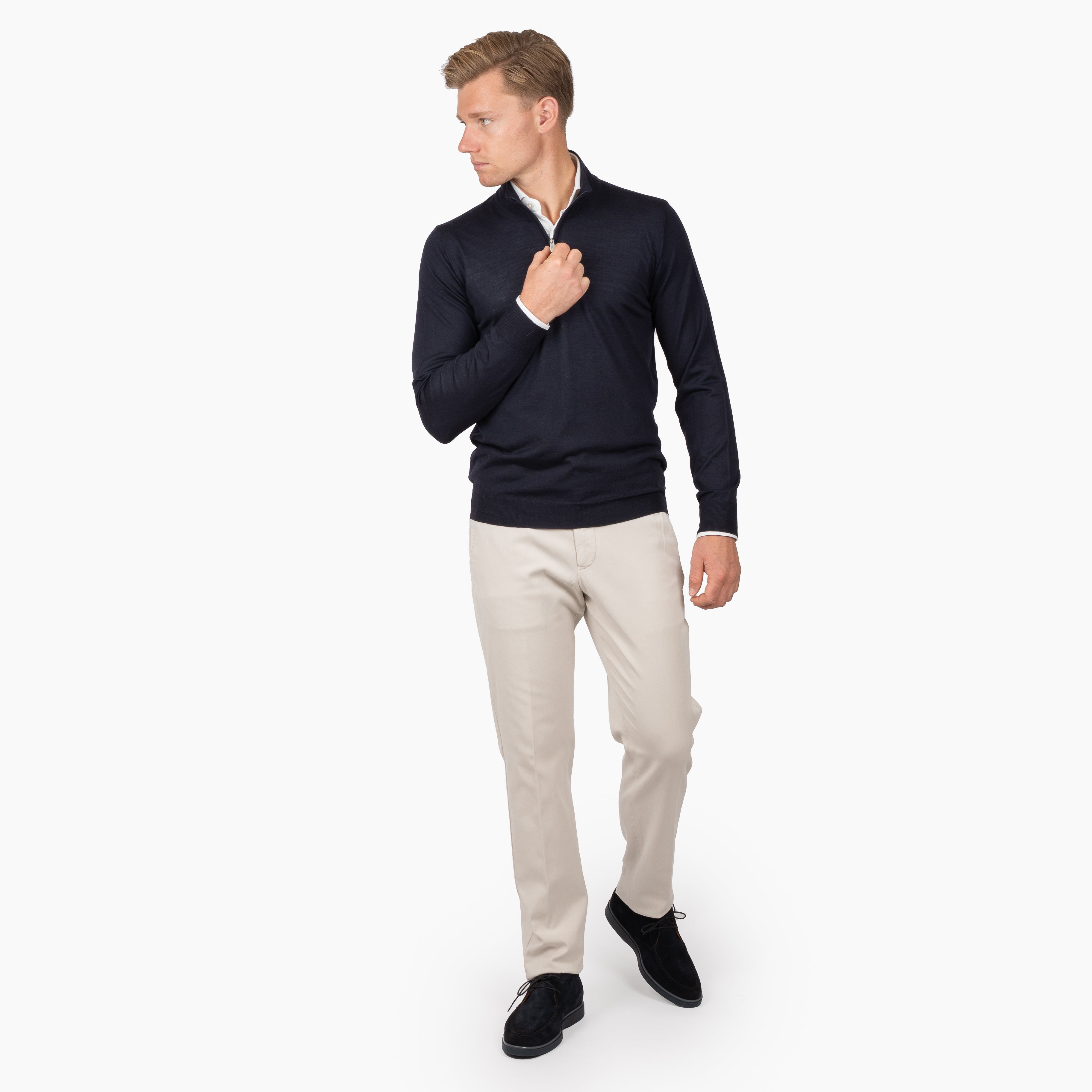 Fedeli Gebreide Trui met Rits Blauw | Favonio Superfine Wool 140