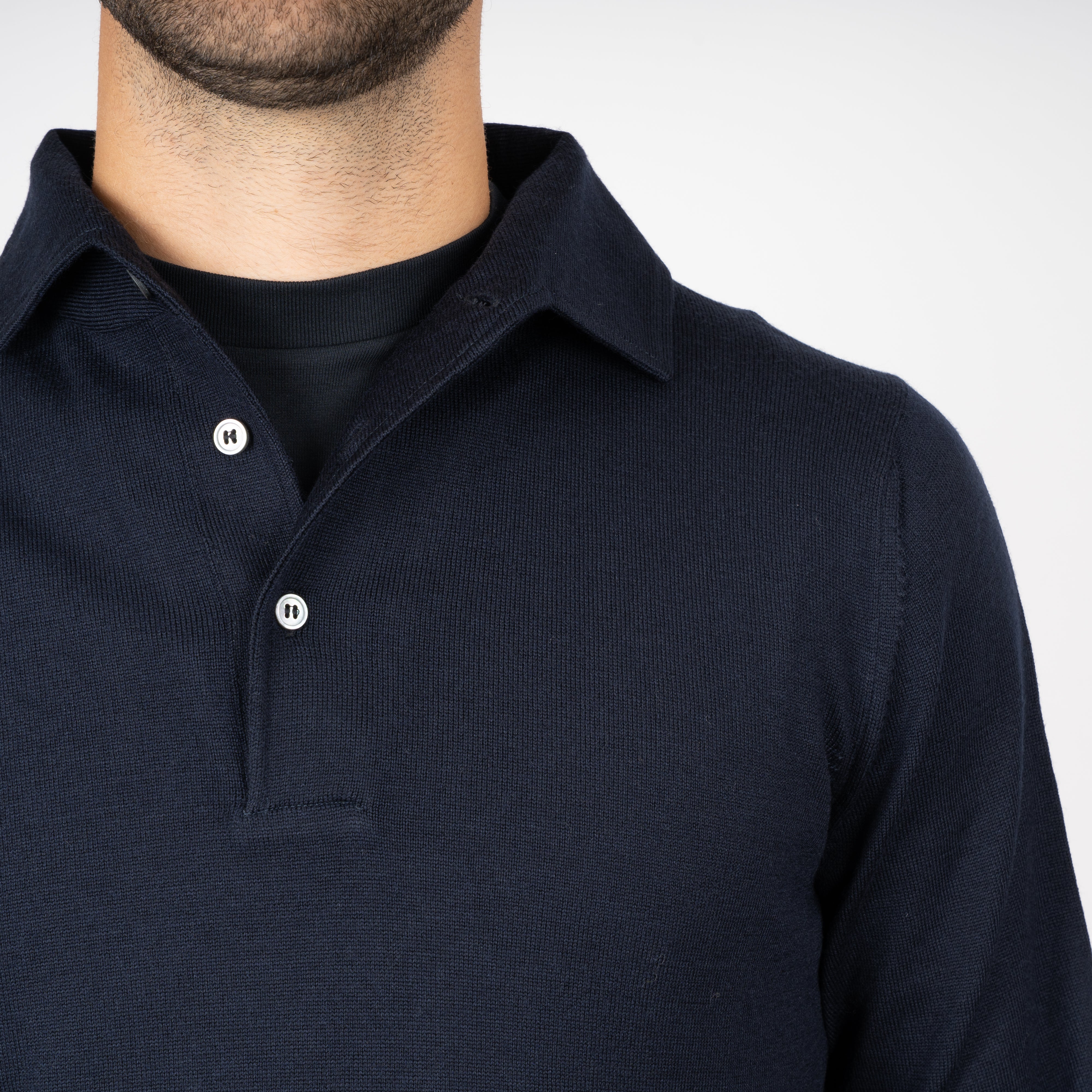 Gran Sasso Gebreide Polo Lange Mouw Blauw | Extrafine Merino