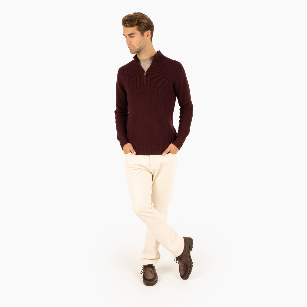 Gran Sasso Gebreide Trui met Rits Bordeaux Rood | Rain Wool