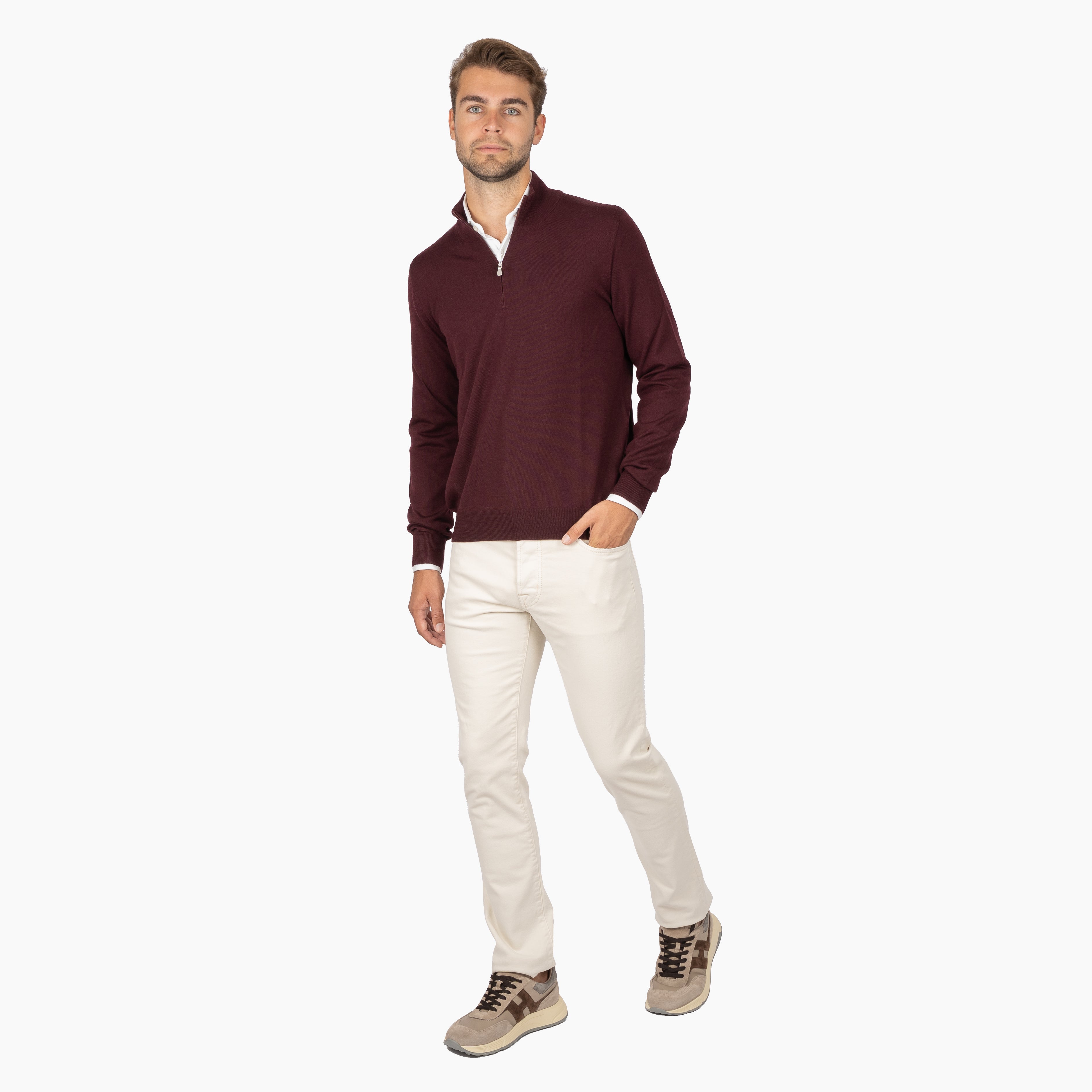 Gran Sasso Gebreide Trui met Rits Bordeaux Rood | Extrafine Merino