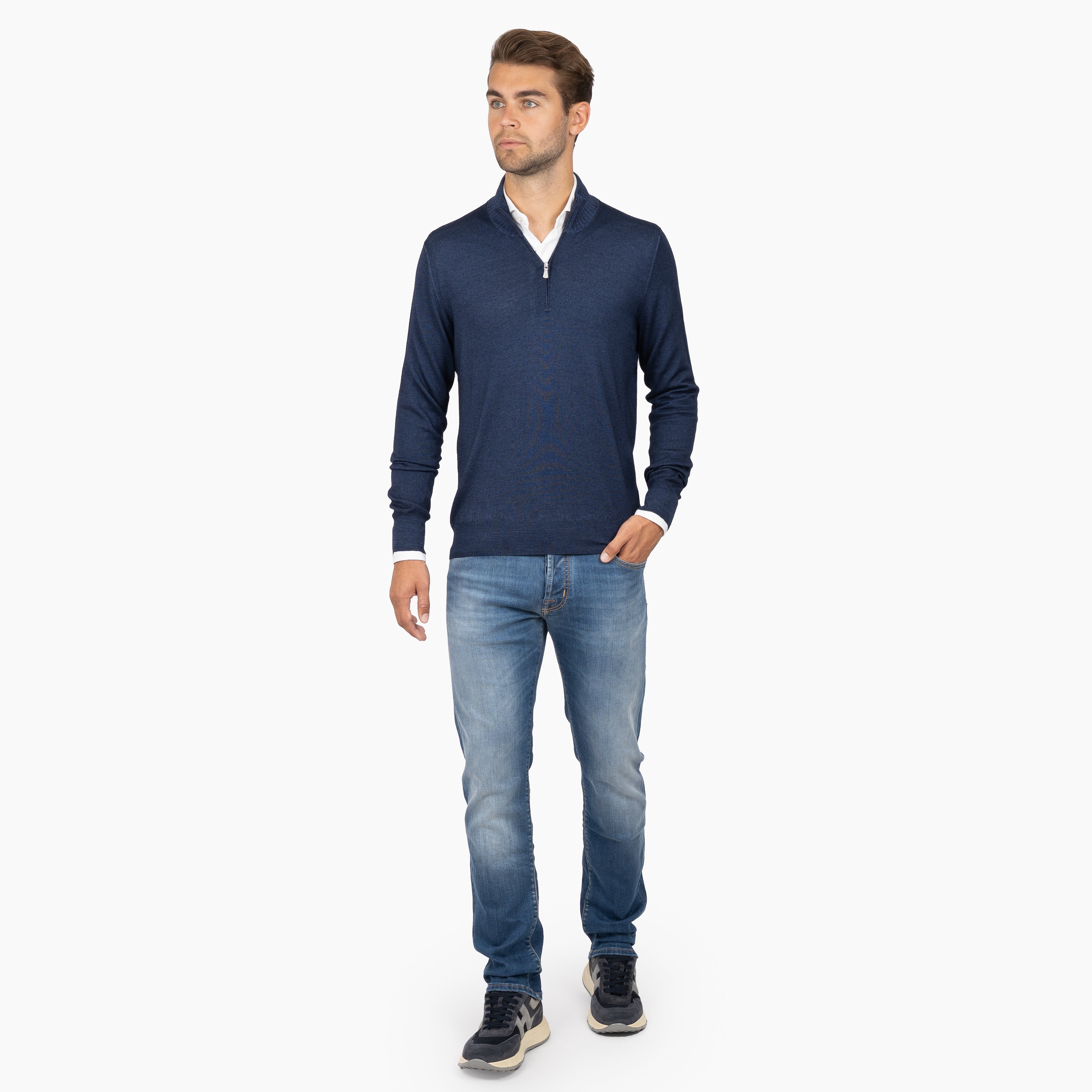 Gran Sasso Gebreide Trui met Rits Blauw | Vintage Merino