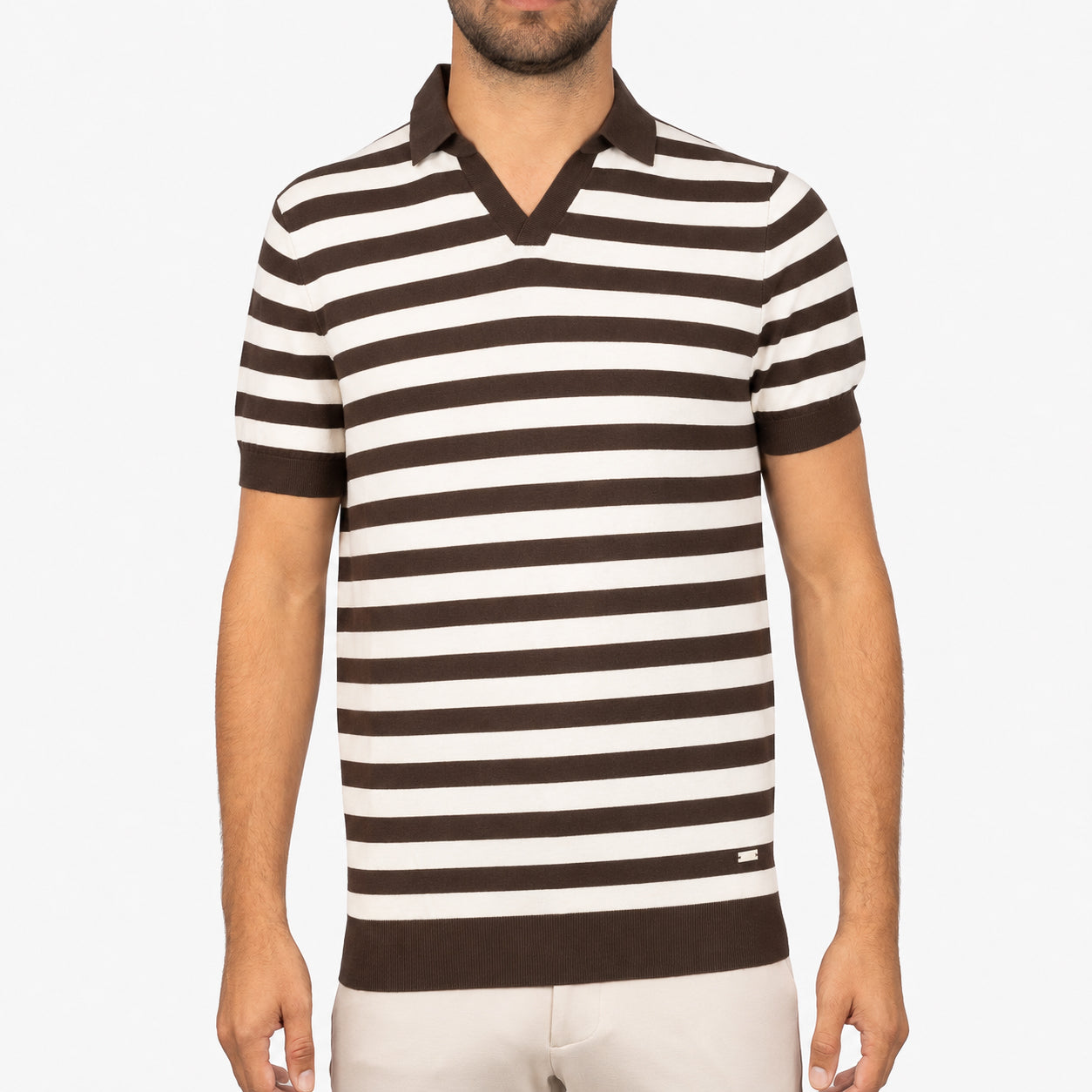 SEVEN DIALS Gebreide Buttonless Polo Bruin Gestreept | Carver
