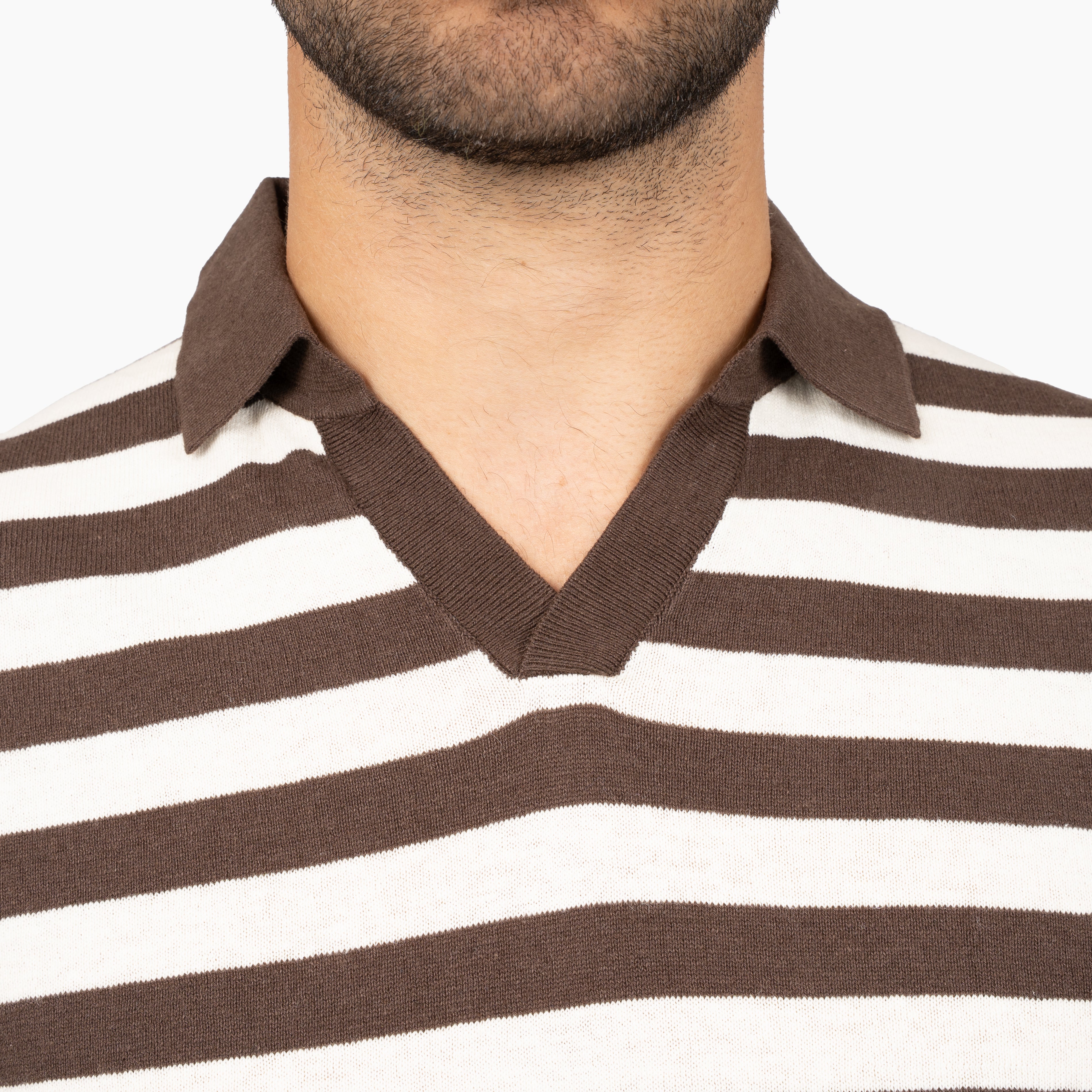 SEVEN DIALS Gebreide Buttonless Polo Bruin Gestreept | Carver