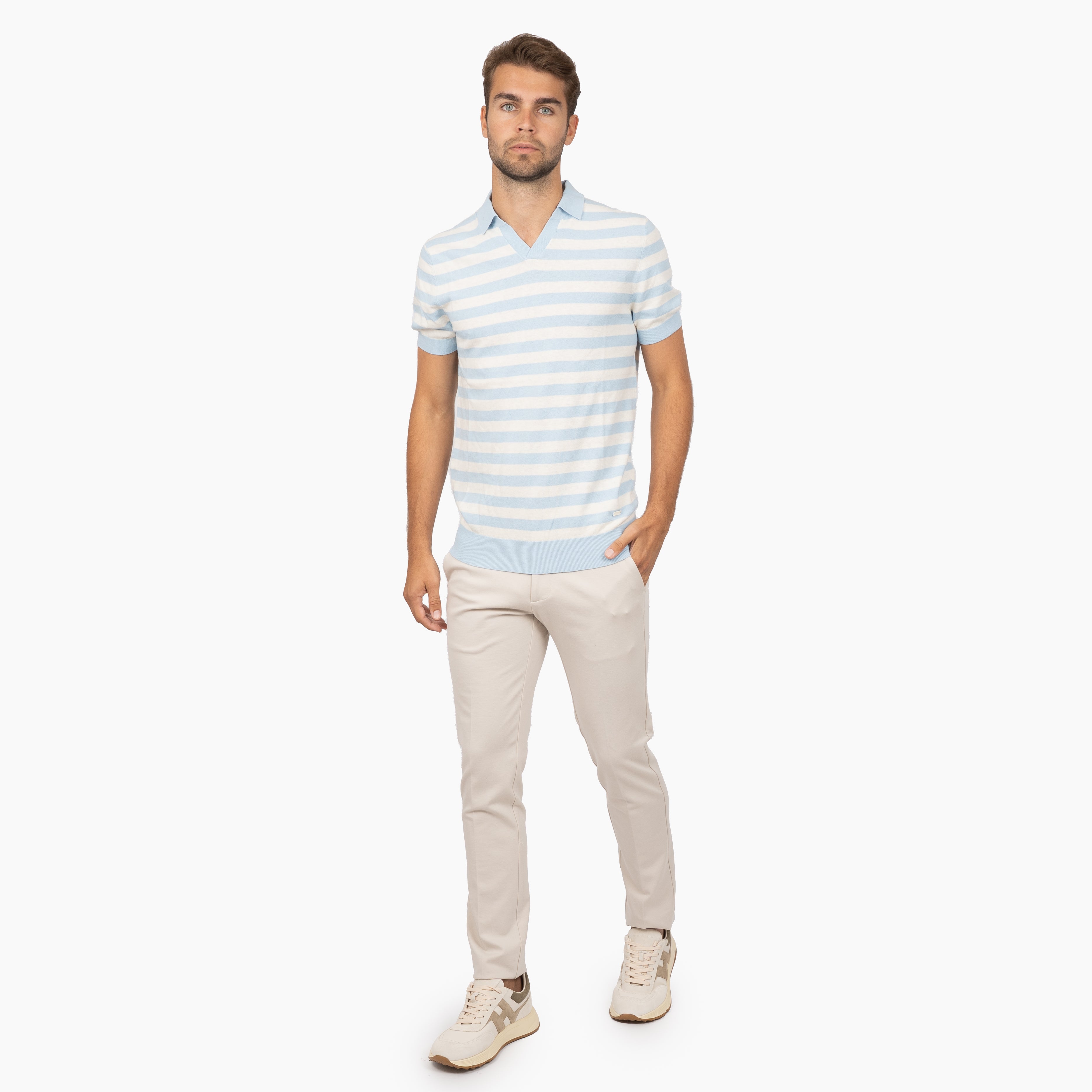 SEVEN DIALS Gebreide Buttonless Polo Lichtblauw Gestreept | Carver