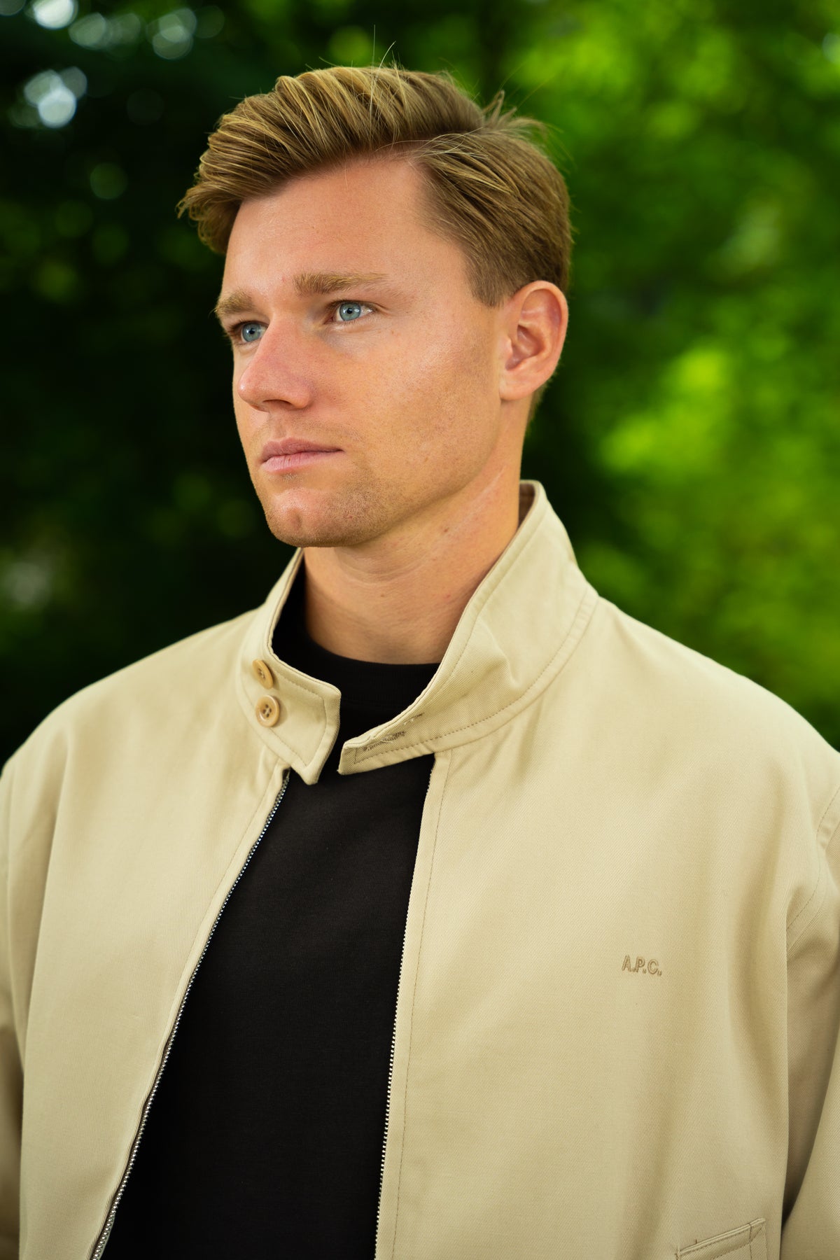 Outfit 55 – Beige A.P.C. blouson met Denham jeans en Gran Sasso gebreid jack met capuchon